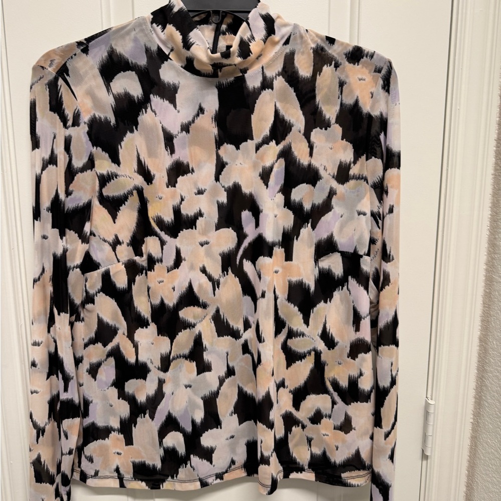 CAbi Black and Pink Graphic Blouse with Mandarin Collar